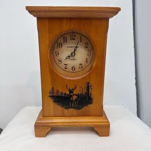 Sunset Time Quartz Mantle Clock Vintage Oak Wood Elk Hunting‎ Trees Rustic Cabin